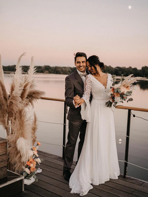 Luolandi Vintage Mandarin Sleeves Chiffon V-Neck Wedding Dresses Backless Bridal Gowns Elegant